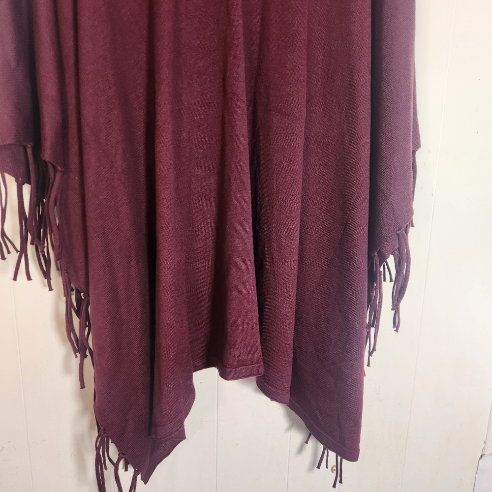 Chicos Monrovia Lace-up Fringe Poncho Shrug One Size Maroon Burgundy - Picture 9 of 14
